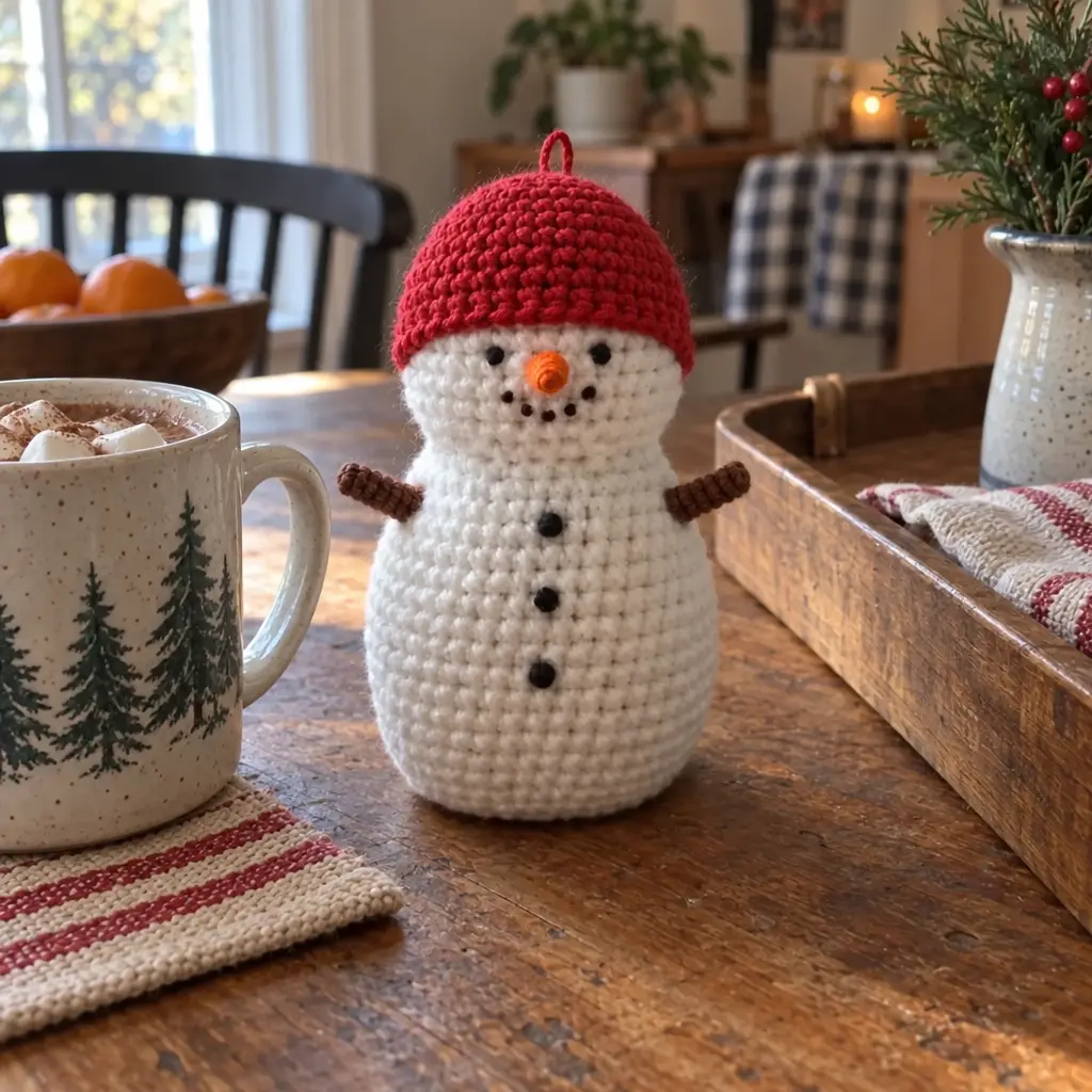 The finished crochet Snowdrift Pocket Snowman, Standing on a kitchen table next to a mug of cocoa and a plain wooden tray, with a cozy blurred background…