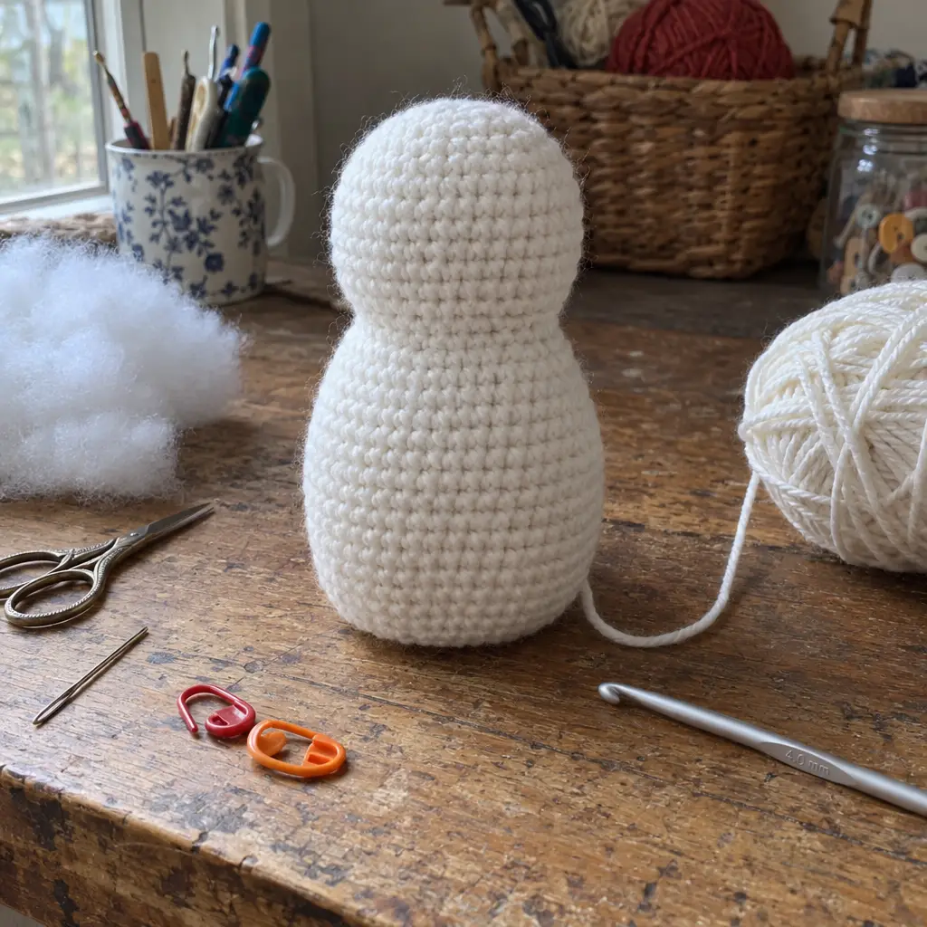 Step 1 of the crochet Snowdrift Pocket Snowman: work the weighted body