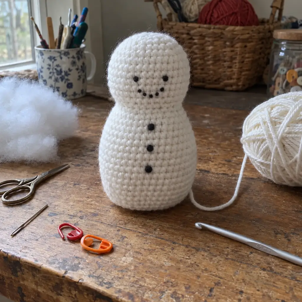 Step 2 of the crochet Snowdrift Pocket Snowman: embroider face and buttons