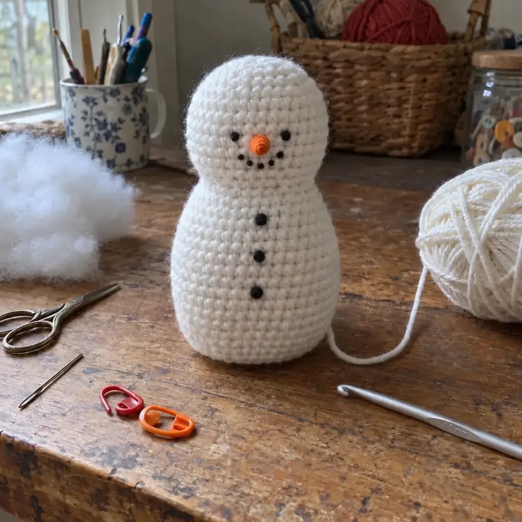Step 3 of the crochet Snowdrift Pocket Snowman: sew on the nose