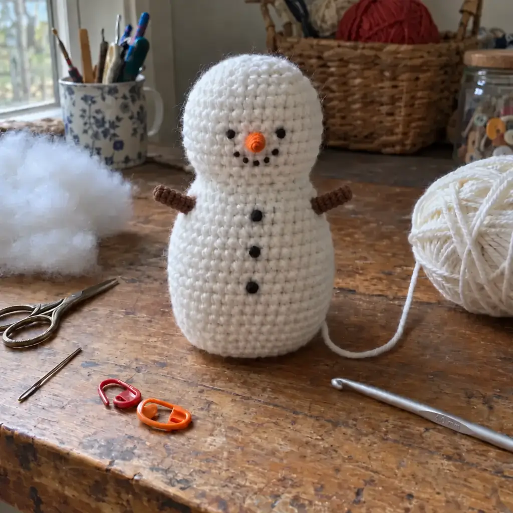 Step 4 of the crochet Snowdrift Pocket Snowman: sew on the arms
