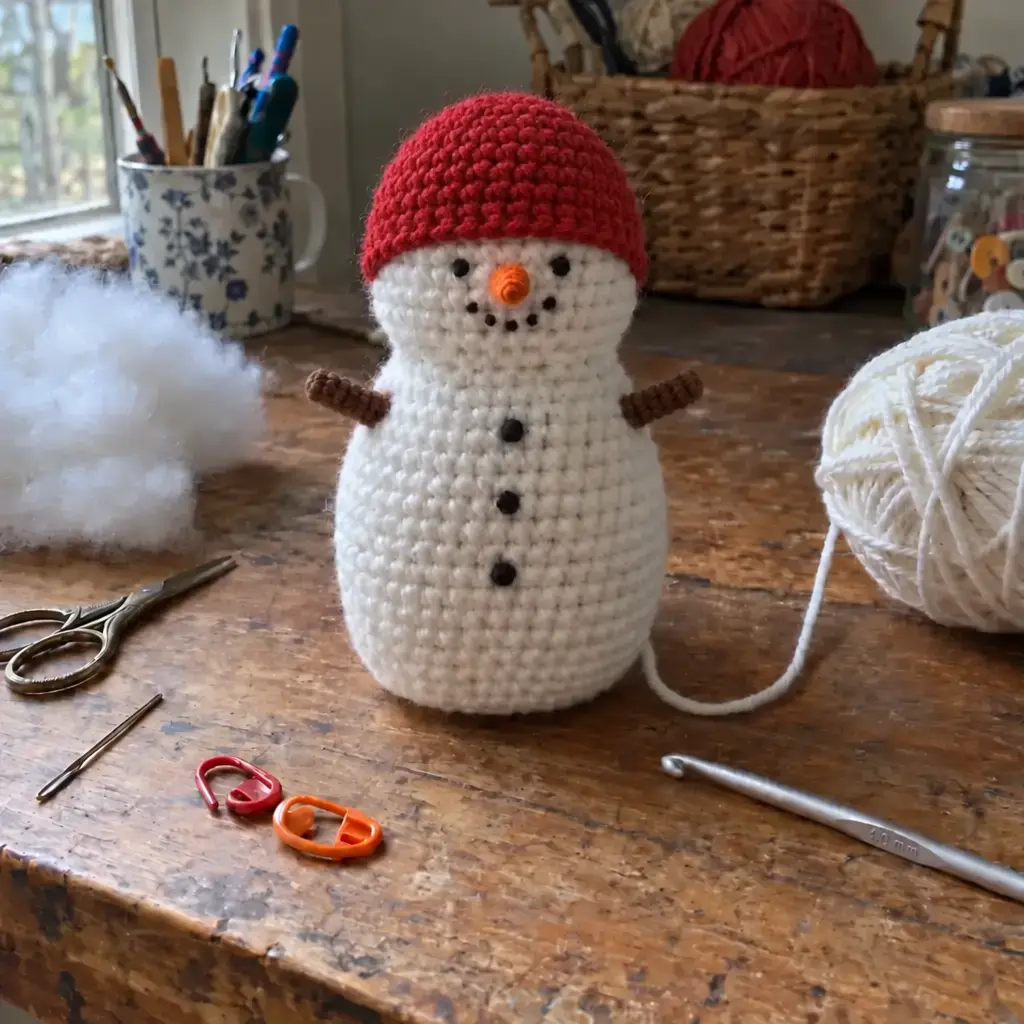 Step 5 of the crochet Snowdrift Pocket Snowman: sew on beanie and loop