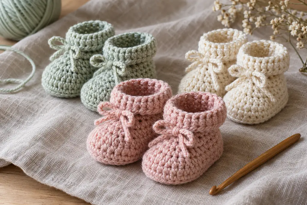 Several finished crochet baby booties in pastel mint Several finished crochet baby booties in pastel mint