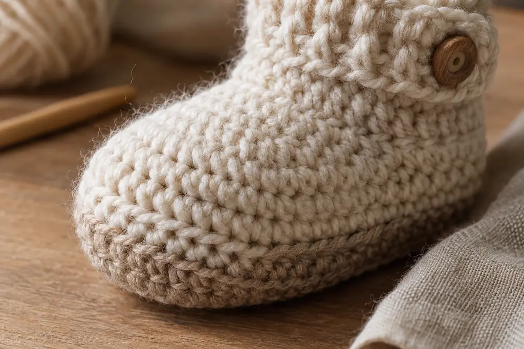 The tight single crochet and half double crochet stitch texture on the sole and toe of a crochet baby bootie