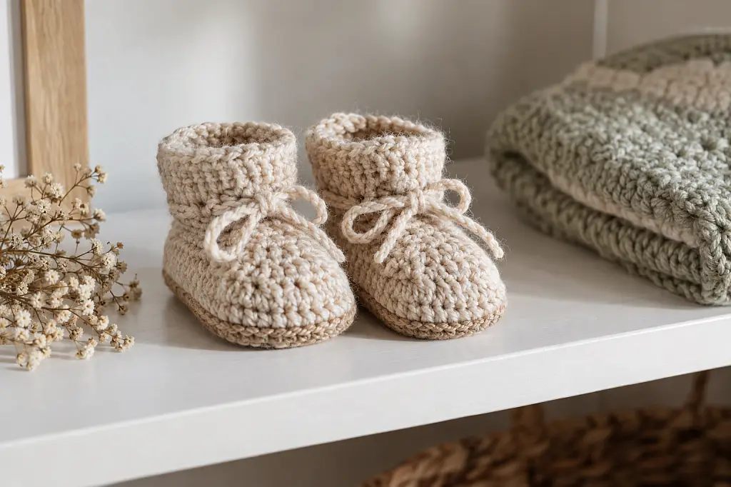 A pair of crochet baby booties displayed on a white nursery shelf next to a small folded blanket and a dried flower stem A pair of crochet baby booties displayed on a white nursery shelf next to a small folded blanket and a dried flower stem